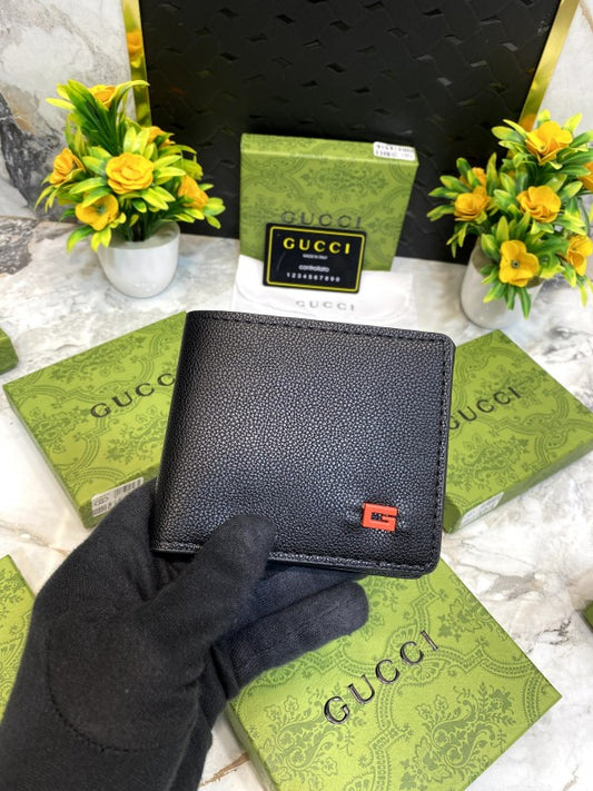Gucci Black Pebbled Leather Bifold Wallet with Red ‘G’ Logo Accent
