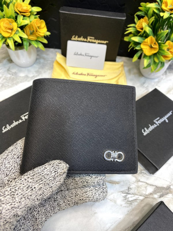 Salvatore Ferragamo Black Textured Leather Bifold Wallet with Gancini Logo