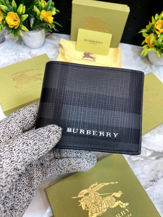 Burberry Black Check Leather Wallet with Silver Foil Logo