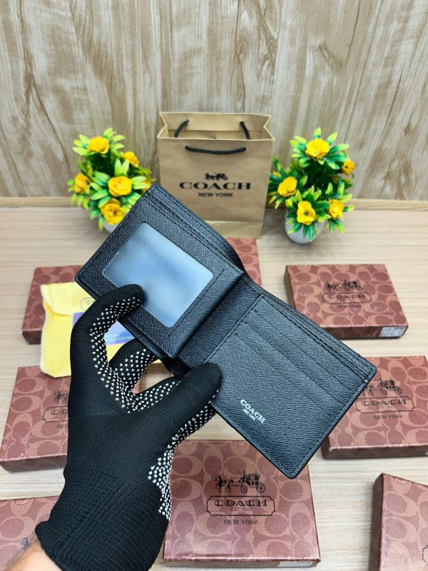 Coach Embossed Signature Leather Bifold Wallet – Black with Gold Logo